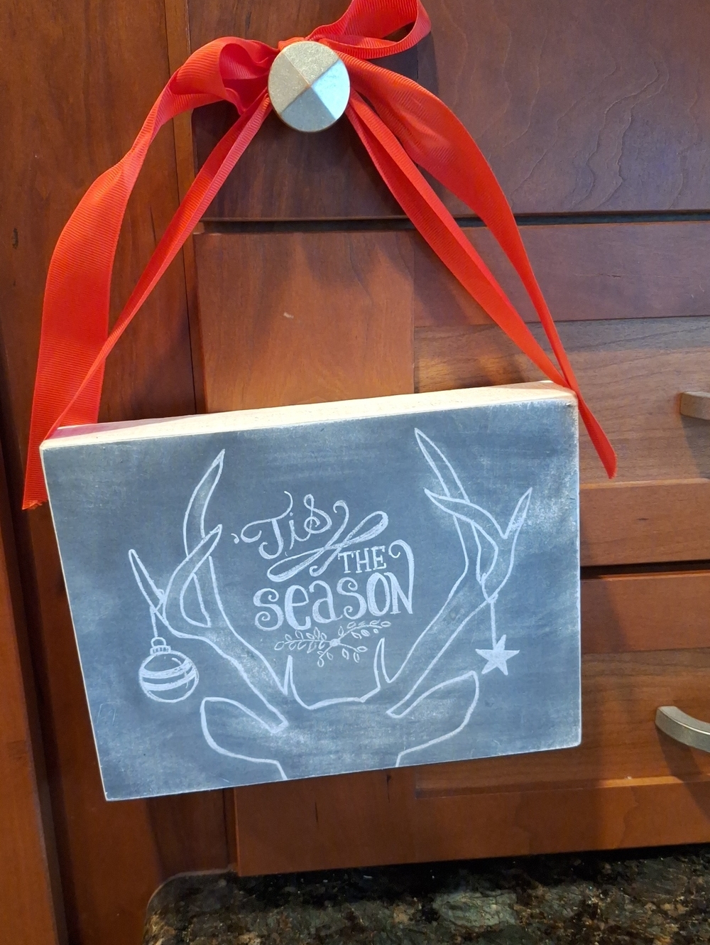 Holiday Chalkboard Reindeer Wall Sign with Red Ribbon